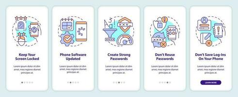 teléfono inteligente seguridad consejos inducción móvil aplicación pantalla. digital la seguridad recorrido 5 5 pasos editable gráfico instrucciones con lineal conceptos. ui, ux, gui modelo vector