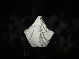 Funny white ghost in a dark misty forest. Dark fantasy concept. Of a mysterious white ghost in a spooky forest. photo