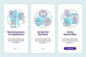 proteger móvil teléfono inducción móvil aplicación pantalla. teléfono inteligente la seguridad recorrido 3 pasos editable gráfico instrucciones con lineal conceptos. ui, ux, gui modelo vector