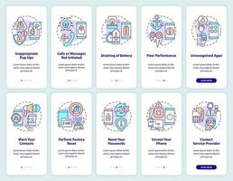 Smartphone hacking attack onboarding mobile app screen set. Fix tips walkthrough 5 steps editable graphic instructions with linear concepts. UI, UX, GUI template vector