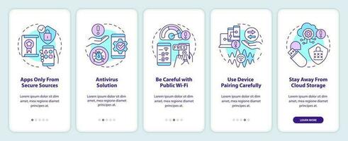 Mobile phone safety tips onboarding mobile app screen. Avoid hacking walkthrough 5 steps editable graphic instructions with linear concepts. UI, UX, GUI template vector