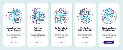 Mobile phone safety tips onboarding mobile app screen. Avoid hacking walkthrough 5 steps editable graphic instructions with linear concepts. UI, UX, GUI template vector