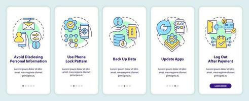 Tips to keep your smartphone secure onboarding mobile app screen. Walkthrough 5 steps editable graphic instructions with linear concepts. UI, UX, GUI template vector