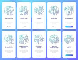 SMM benefits and tips blue gradient onboarding mobile app screens set. Walkthrough 5 steps graphic instructions with linear concepts. UI, UX, GUI template vector