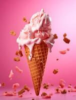 Ice cream in waffle cone, splashes and waffles on pink background. photo