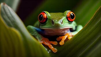 Red eyed tree frog peeking out from leaf generated by AI photo