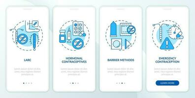 Contraception methods blue onboarding mobile app screen. Family planning walkthrough 4 steps editable graphic instructions with linear concepts. UI, UX template vector