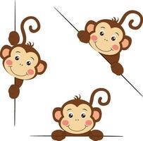 Adorable monkey peeking out from behind in various positions vector