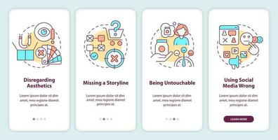 Customer attraction mistakes to avoid onboarding mobile app screen. Walkthrough 4 steps editable graphic instructions with linear concepts. UI, UX, GUI template vector
