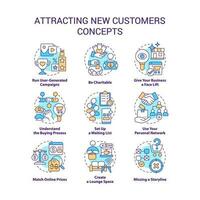 Attracting new customers concept icons set. Marketing strategy. Finding clients idea thin line color illustrations. Isolated symbols. Editable stroke vector