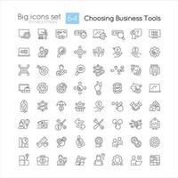 Choosing business tools linear icons set. Optimize working process. Software updating. Customizable thin line symbols. Isolated vector outline illustrations. Editable stroke