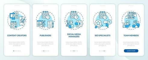 Editorial calendar users blue onboarding mobile app screen. Walkthrough 5 steps editable graphic instructions with linear concepts. UI, UX, GUI template vector
