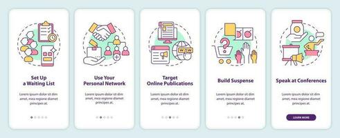 Landing your first customers tricks onboarding mobile app screen. Walkthrough 5 steps editable graphic instructions with linear concepts. UI, UX, GUI template vector