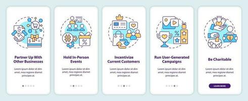 Attract more customers to business tips onboarding mobile app screen. Walkthrough 5 steps editable graphic instructions with linear concepts. UI, UX, GUI template vector