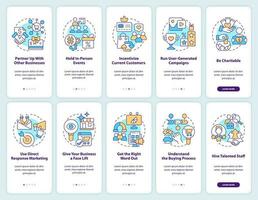 Attract clients to business tips onboarding mobile app screen set. Walkthrough 5 steps editable graphic instructions with linear concepts. UI, UX, GUI template vector