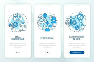 Pro choice barriers blue onboarding mobile app screen. Womens right walkthrough 3 steps editable graphic instructions with linear concepts. UI, UX, GUI template vector