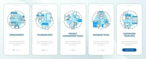 Editorial calendar tools blue onboarding mobile app screen. Publish online walkthrough 5 steps editable graphic instructions with linear concepts. UI, UX template vector