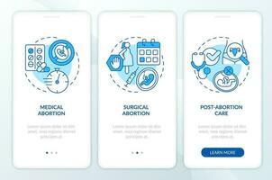 Abortion care blue onboarding mobile app screen. Unwanted pregnancy walkthrough 3 steps editable graphic instructions with linear concepts. UI, UX, GUI template vector