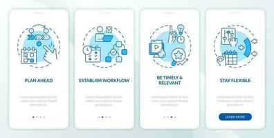 editorial calendario consejos azul inducción móvil aplicación pantalla. contenido administración recorrido 4 4 pasos editable gráfico instrucciones con línea conceptos. ui, ux modelo vector