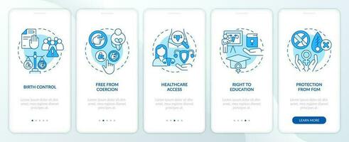 Reproductive rights blue onboarding mobile app screen. Gender equality walkthrough 5 steps editable graphic instructions with linear concepts. UI, UX, GUI template vector