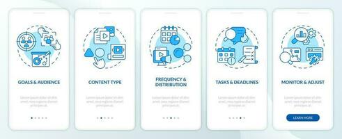 Make editorial calendar blue onboarding mobile app screen. Digital marketing walkthrough 5 steps editable graphic instructions with line concepts. UX, GUI template vector