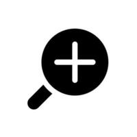 Magnifying glass with plus for map black glyph ui icon. Zoom in text. User interface design. Silhouette symbol on white space. Solid pictogram for web, mobile. Isolated vector illustration