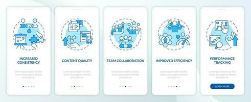 Editorial calendar advantages blue onboarding mobile app screen. Walkthrough 5 steps editable graphic instructions with linear concepts. UI, UX, GUI template vector