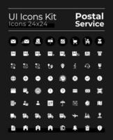 Postal service white glyph ui icons set for dark mode. Silhouette symbols on black background. Solid pictograms for web, mobile. Vector isolated illustrations