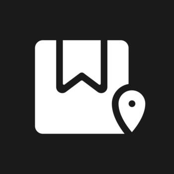 Track parcel dark mode glyph ui icon. Find order. Location pin and box. User interface design. White silhouette symbol on black space. Solid pictogram for web, mobile. Vector isolated illustration