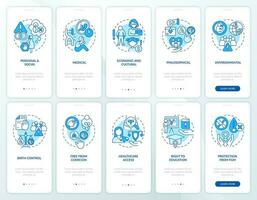 Reproductive choice blue onboarding mobile app screen set. Pro choice walkthrough 5 steps editable graphic instructions with linear concepts. UI, UX, GUI template vector