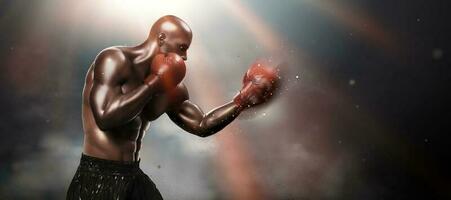 Strong boxer throwing a hook in 3d illustration, bokeh background vector