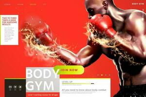 Boxing lessons website design with strong boxer throwing flame hook in 3d illustration vector