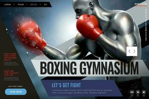 Fitness and boxing website design with strong boxer in 3d illustration vector