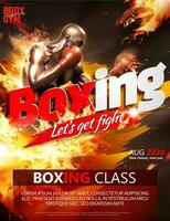 Strong boxer with flame effect in 3d illustration, boxing class poster vector