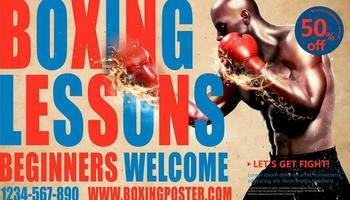 Boxing lessons poster with strong boxer throwing flame hook in 3d illustration vector