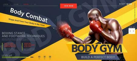 Body combat website design with strong boxer throwing hook in 3d illustration, grey and yellow tone vector