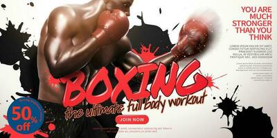 Boxing class ads with strong boxer throwing hook in 3d illustration, ink stain on white background vector