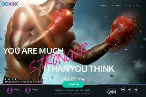 Fitness and boxing website design with strong boxer in 3d illustration vector