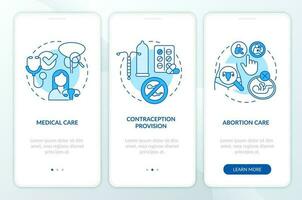 De las mujeres sexual y reproductivo salud azul inducción móvil aplicación pantalla. recorrido 3 pasos editable gráfico instrucciones con lineal conceptos. ui, ux modelo vector