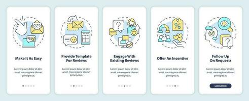 Encouraging clients to write reviews onboarding mobile app screen. Walkthrough 5 steps editable graphic instructions with linear concepts. UI, UX, GUI template vector