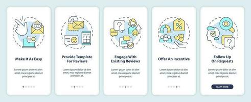 Encouraging clients to write reviews onboarding mobile app screen. Walkthrough 5 steps editable graphic instructions with linear concepts. UI, UX, GUI template vector