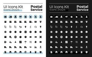 Mail service glyph ui icons set for dark, light mode. Delivery and post. Silhouette symbols for night, day themes. Solid pictograms. Vector isolated illustrations