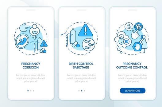 Reproductive coercion blue onboarding mobile app screen. Birth control walkthrough 3 steps editable graphic instructions with linear concepts. UI, UX template vector