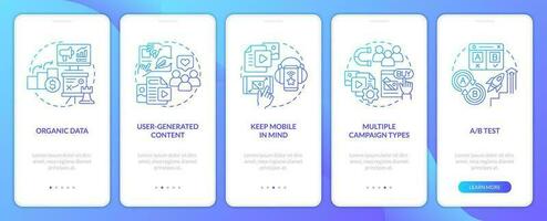 Social media advertising tips blue gradient onboarding mobile app screen. SMM walkthrough 5 steps graphic instructions with linear concepts. UI, UX, GUI template vector