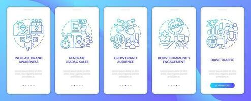 Social media advertising goals blue gradient onboarding mobile app screen. SMM walkthrough 5 steps graphic instructions with linear concepts. UI, UX, GUI template vector