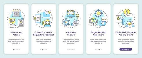 Ways to make clients write reviews onboarding mobile app screen. Walkthrough 5 steps editable graphic instructions with linear concepts. UI, UX, GUI template vector