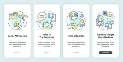 Customer reviews importance reasons onboarding mobile app screen. Walkthrough 4 steps editable graphic instructions with linear concepts. UI, UX, GUI template vector