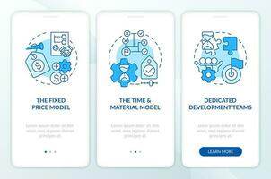 Outsourcing contracts types blue onboarding mobile app screen. Walkthrough 3 steps editable graphic instructions with linear concepts. UI, UX, GUI template vector