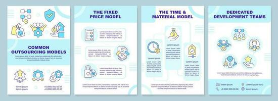 Common outsourcing models in IT blue brochure template. Leaflet design with linear icons. Editable 4 vector layouts for presentation, annual reports