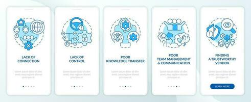 Outsourcing disadvantages blue onboarding mobile app screen. Walkthrough 5 steps editable graphic instructions with linear concepts. UI, UX, GUI template vector